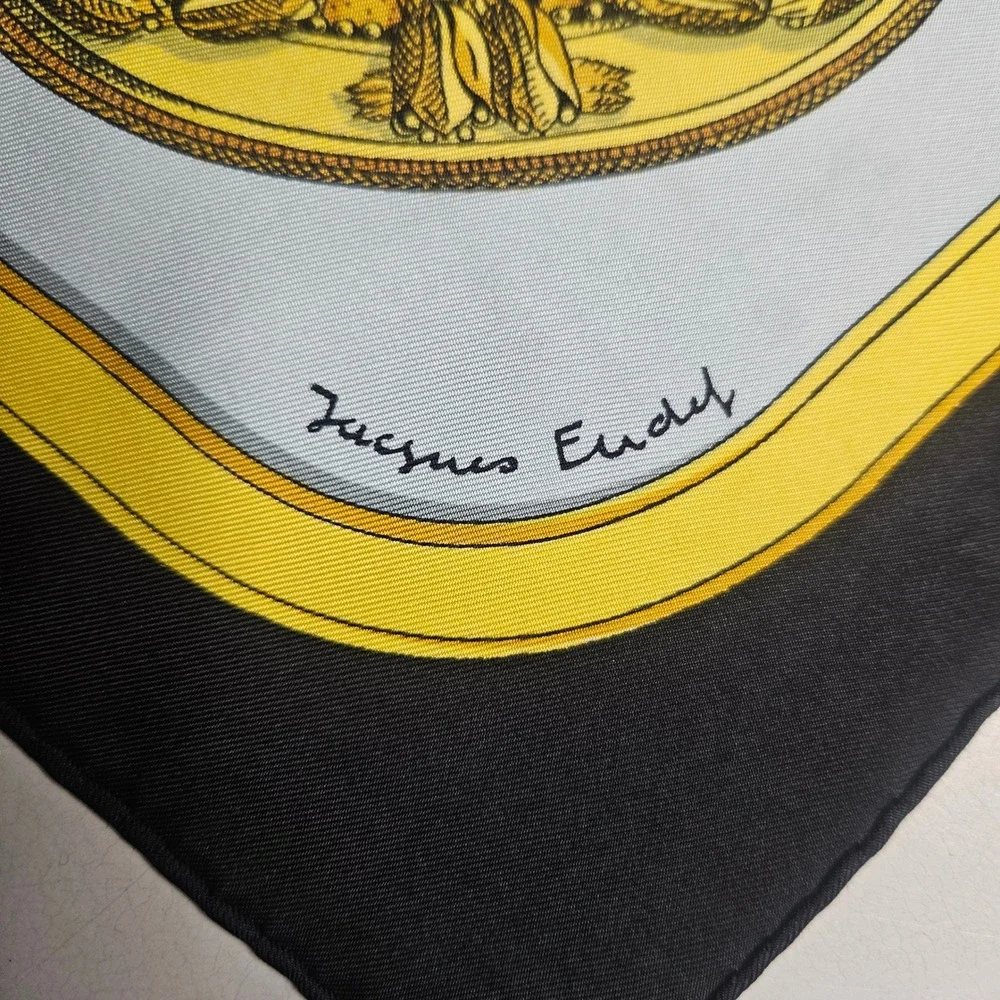 Hermes Grand‎ Apparat Silk Scarf Jacques Eudel Blue Black Gold Equestrian 16.5in